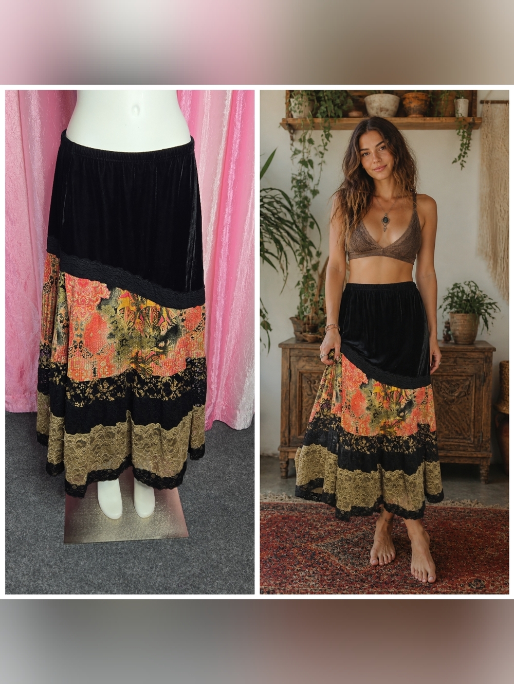 Coldwater Creek Black Velvet Lace Floral Tiered Boho Maxi Skirt Size Small